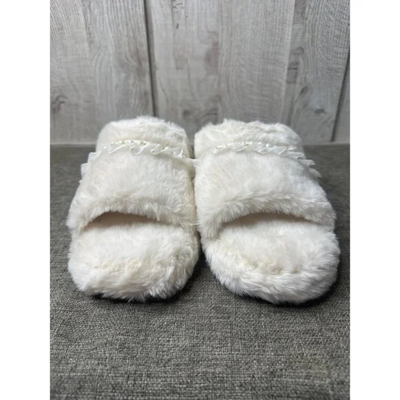 Womens Furry Slippers Open Toe Pearl & Ruffle Accent Non-Slip Sole Size M/L 8-10 - Picture 5 of 7